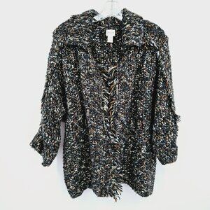 Chicos Cardigan Sweater M Colorful Metallic Thread Chunky Knit Fringe Trim Open